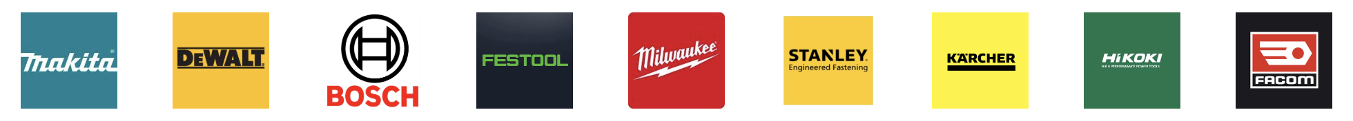 Makita, DeWalt, Bosch, Festool, Milwaukee, Stanley, Kärcher, HiKOKI et Facom